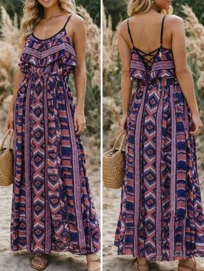 Angie Boho Tribal Print Maxi Dress 100% Rayon Flowy Tiered Ruffle Festival